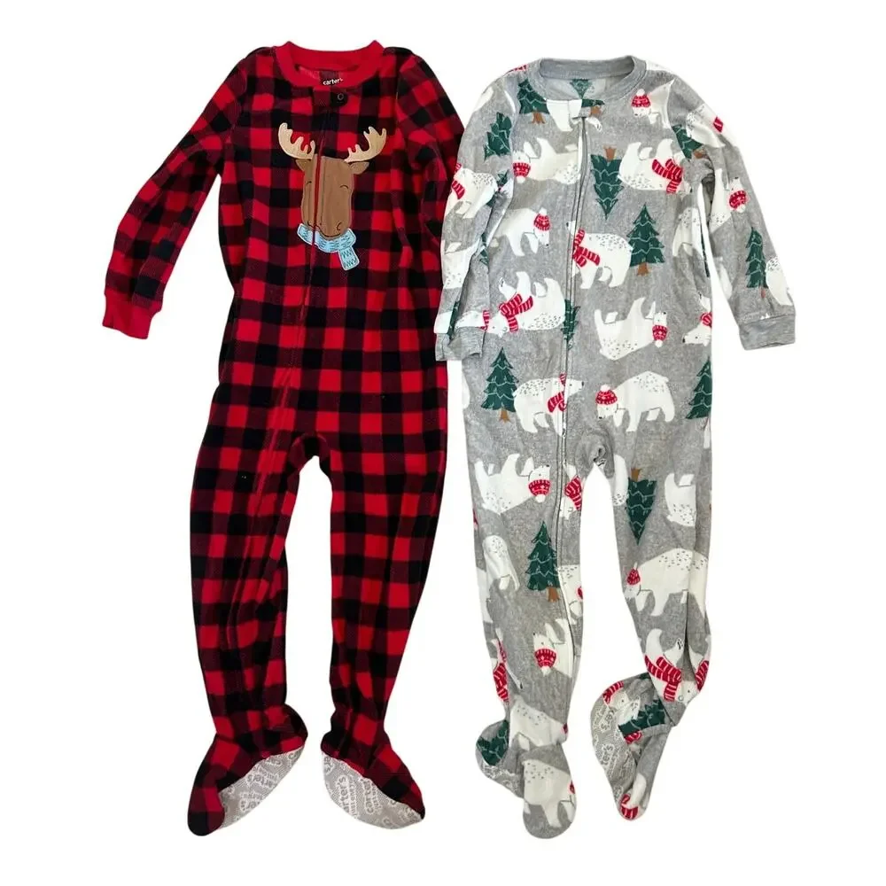 Lot Of 2 Carter’s Zip Up Red Plaid Footed Pajamas Pjs Moose Polar Bear 4T